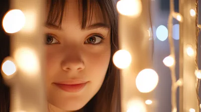 Close Up Portrait Of A Young Woman With Bokeh Lights