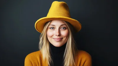 Portrait Of A Smiling Woman Wearing A Yellow Hat