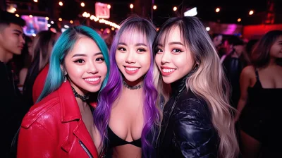Three Young Women Posing Together at a Nightclub