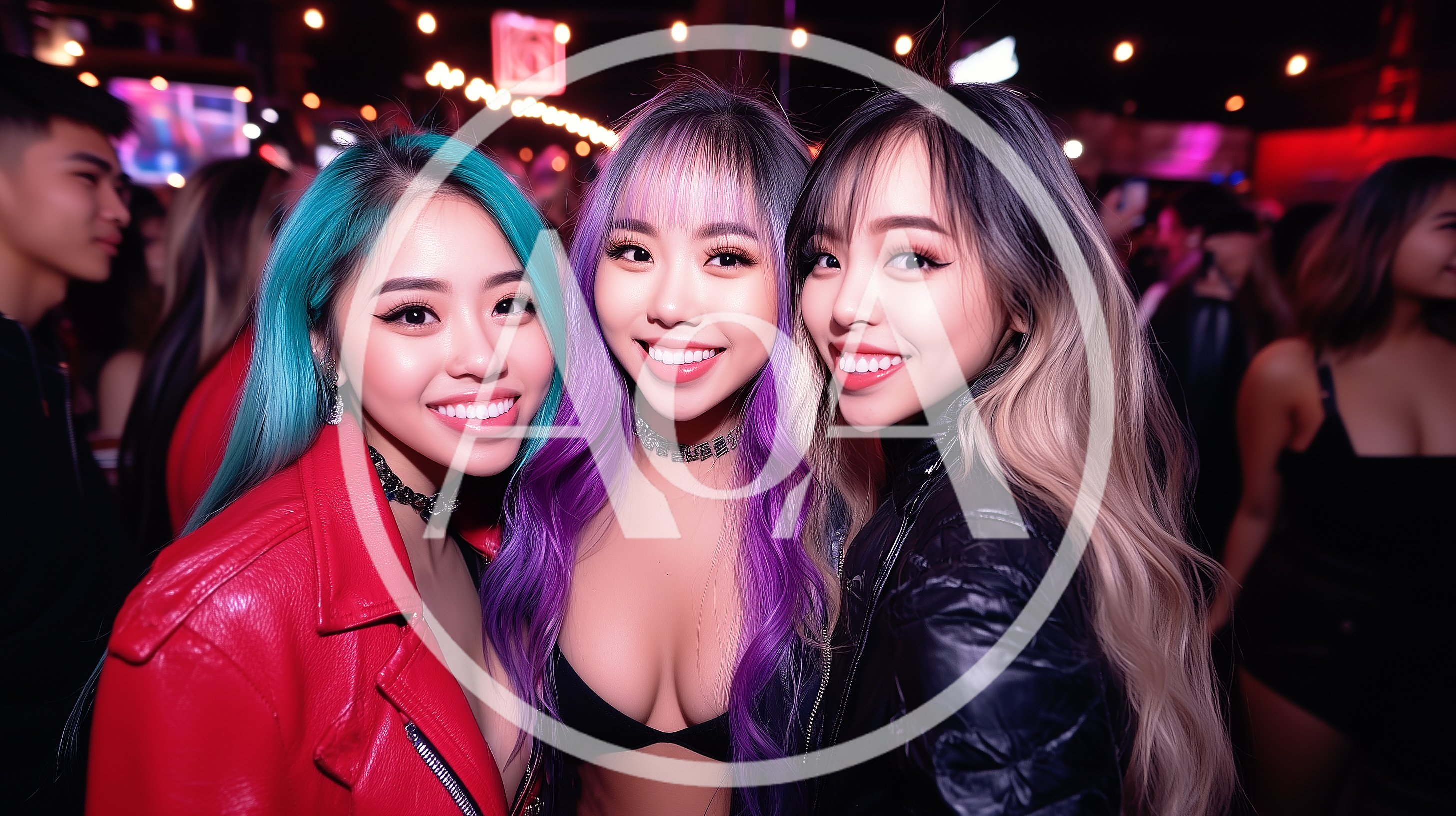 Three Young Women Posing Together at a Nightclub