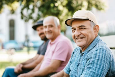 Three Senior Men Sitting Together on a Park Bench