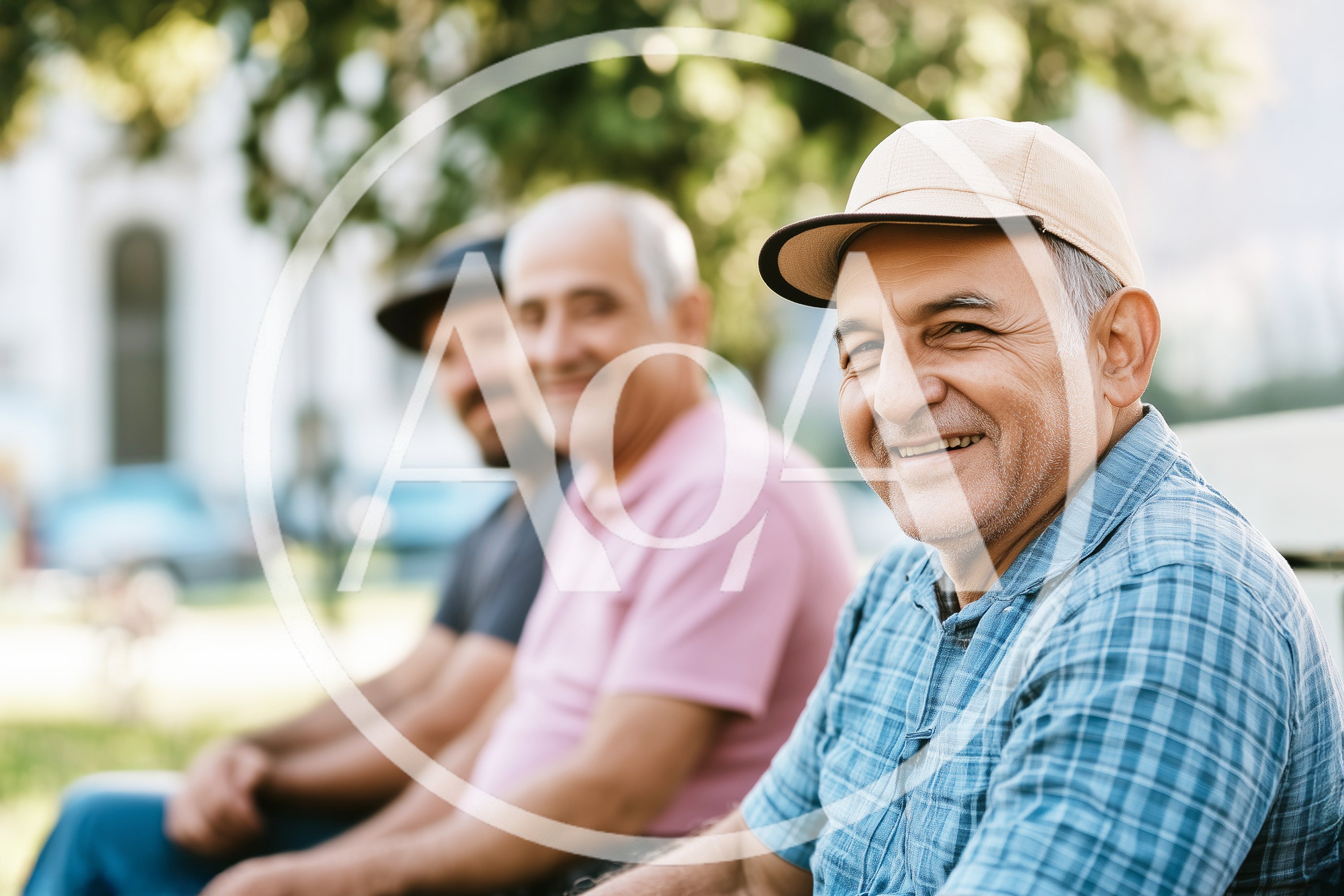 Three Senior Men Sitting Together on a Park Bench