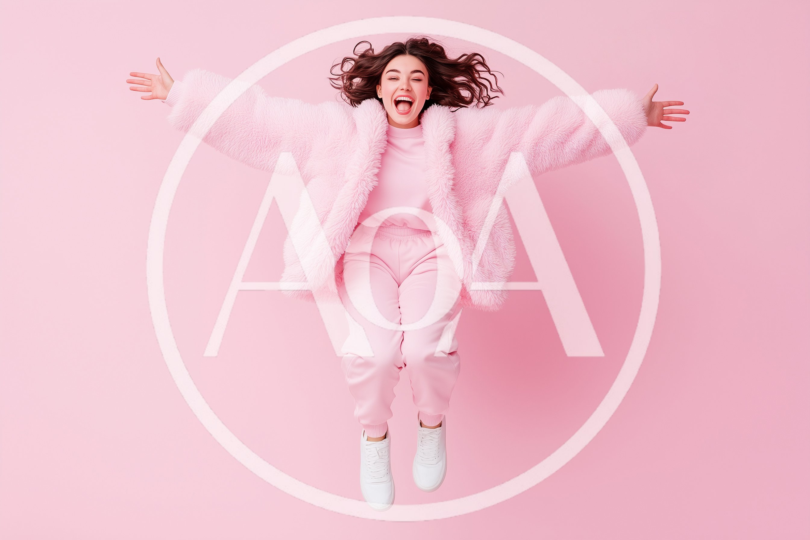 Happy Young Woman Jumping in Pink Fur Coat