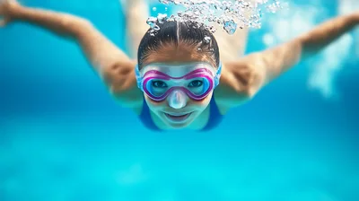 Young Girl Swimming Underwater With Goggles