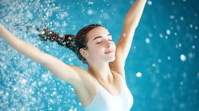 Young Woman Enjoying Refreshing Water Spray In Pool