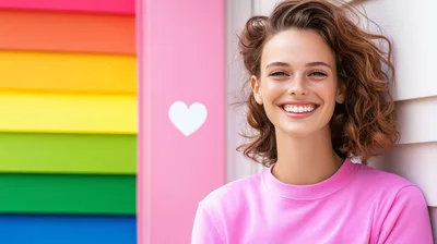 Smiling Young Woman Leaning Against Colorful Rainbow Wall