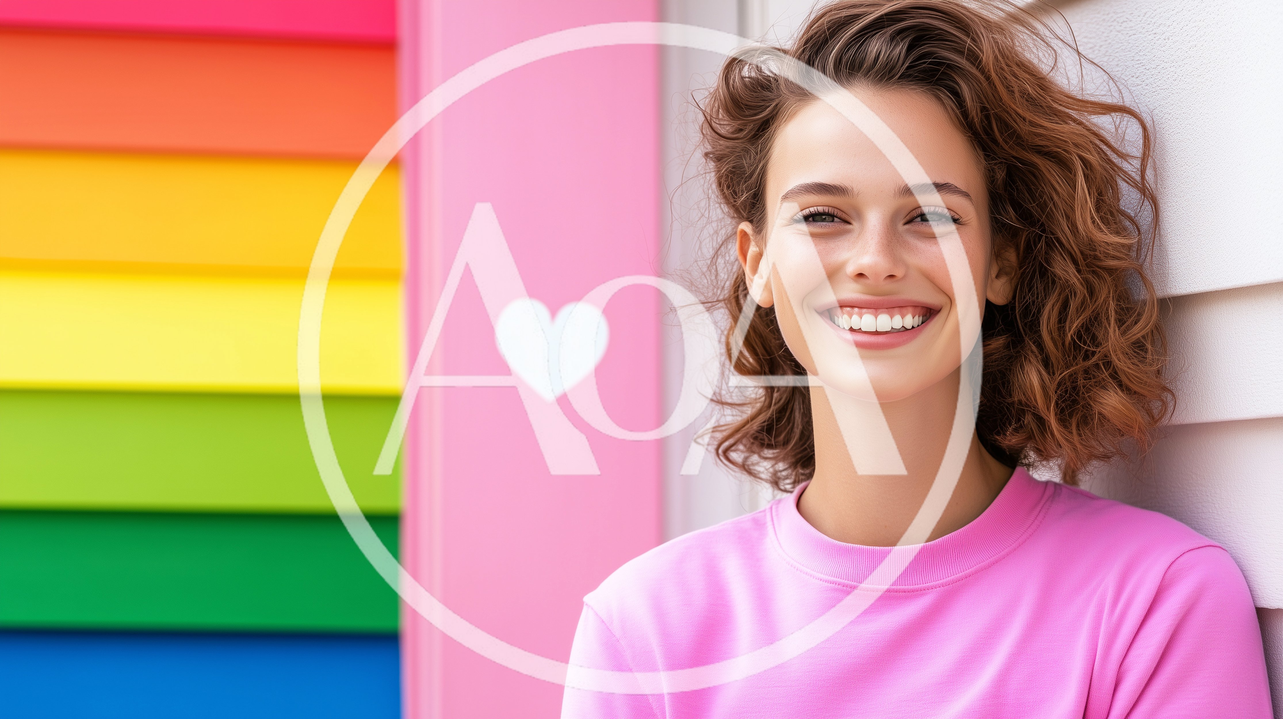 Smiling Young Woman Leaning Against Colorful Rainbow Wall