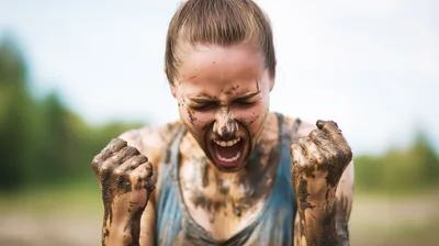 Muddy Female Athlete Celebrating Victory After Obstacle Race