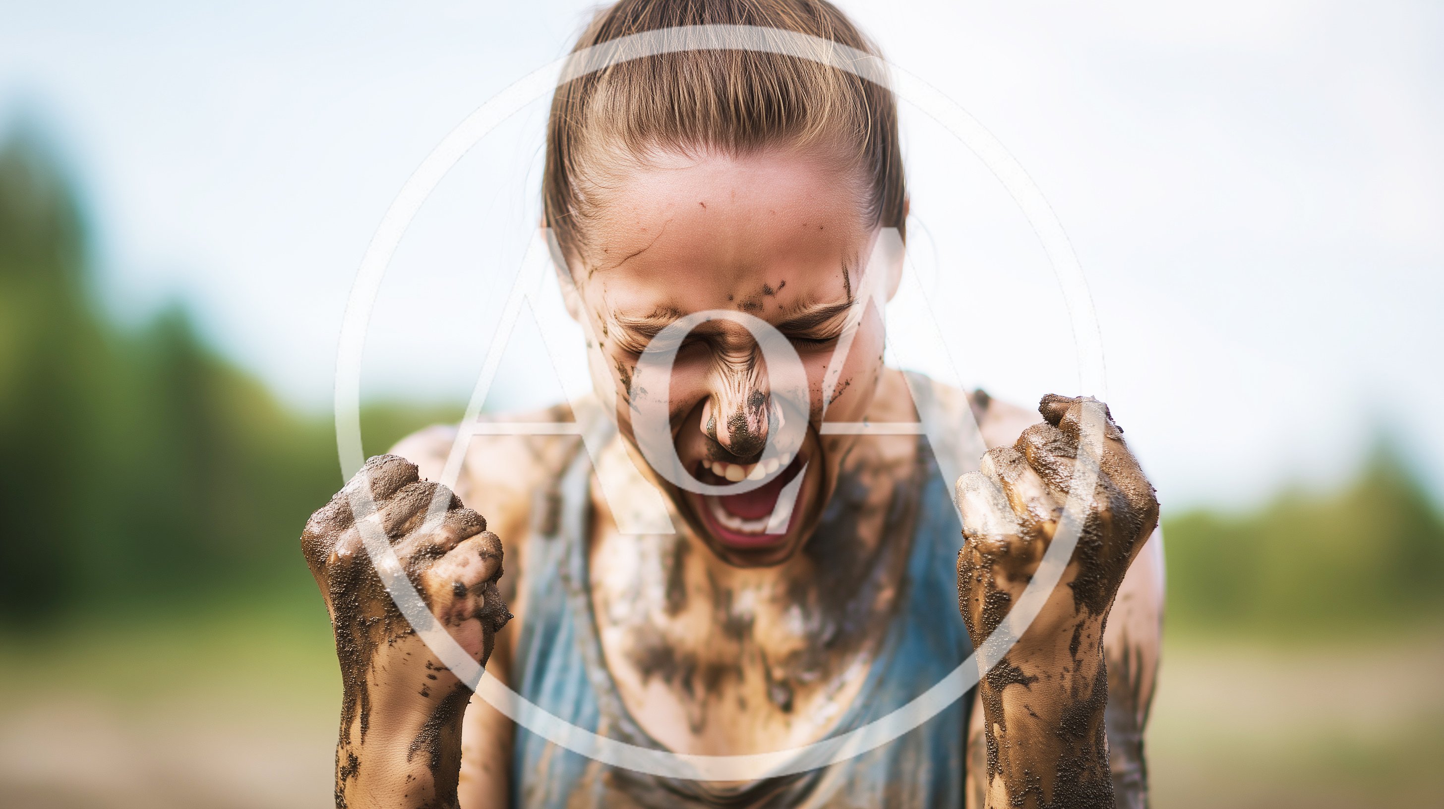 Muddy Female Athlete Celebrating Victory After Obstacle Race