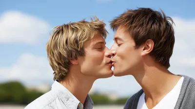 Two Young Men Kissing Outdoors