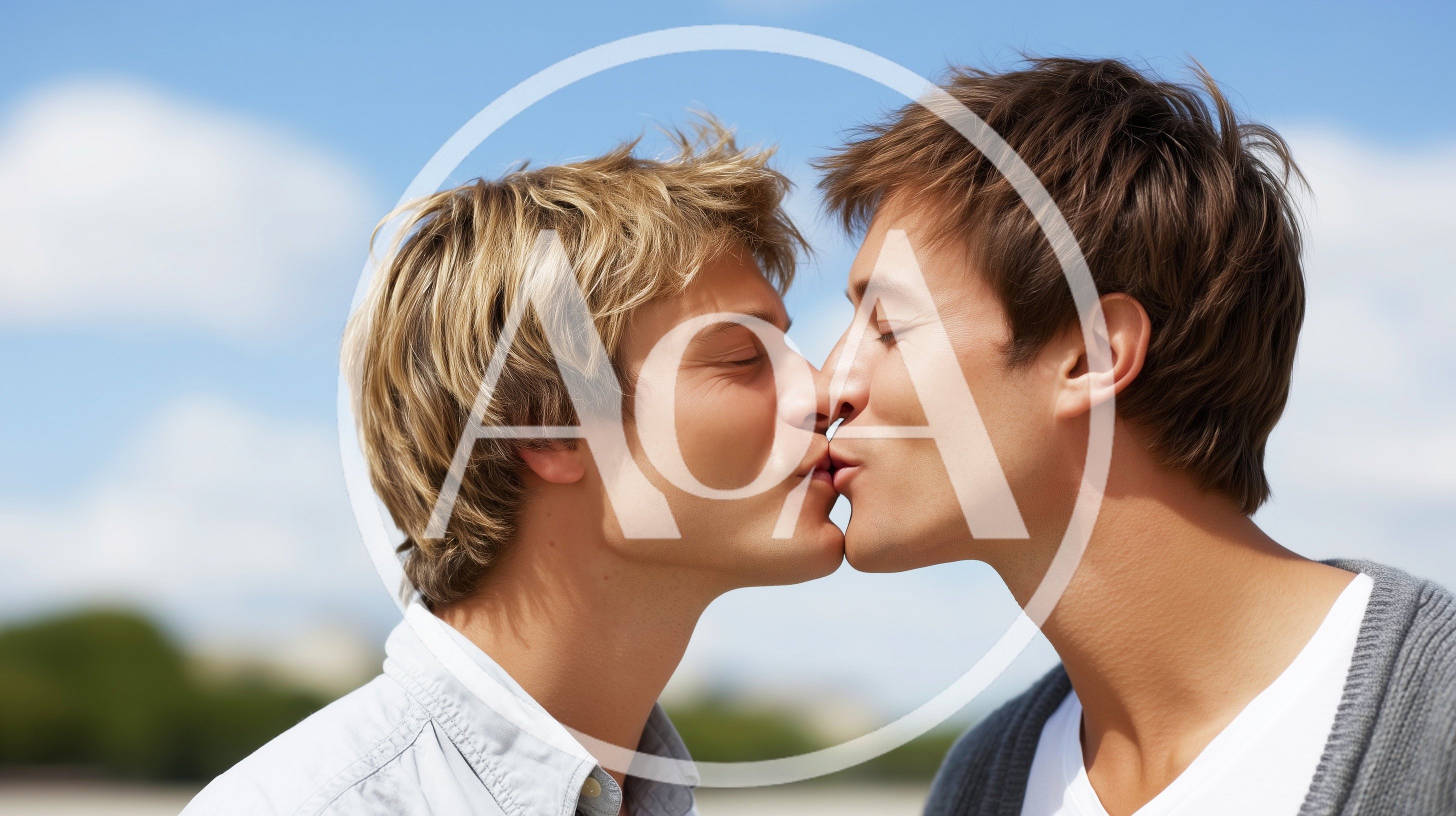 Two Young Men Kissing Outdoors