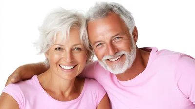 Happy Senior Couple Embracing Against White Background