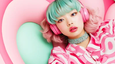 Young Woman With Pastel Hair Wearing Pink Headphones