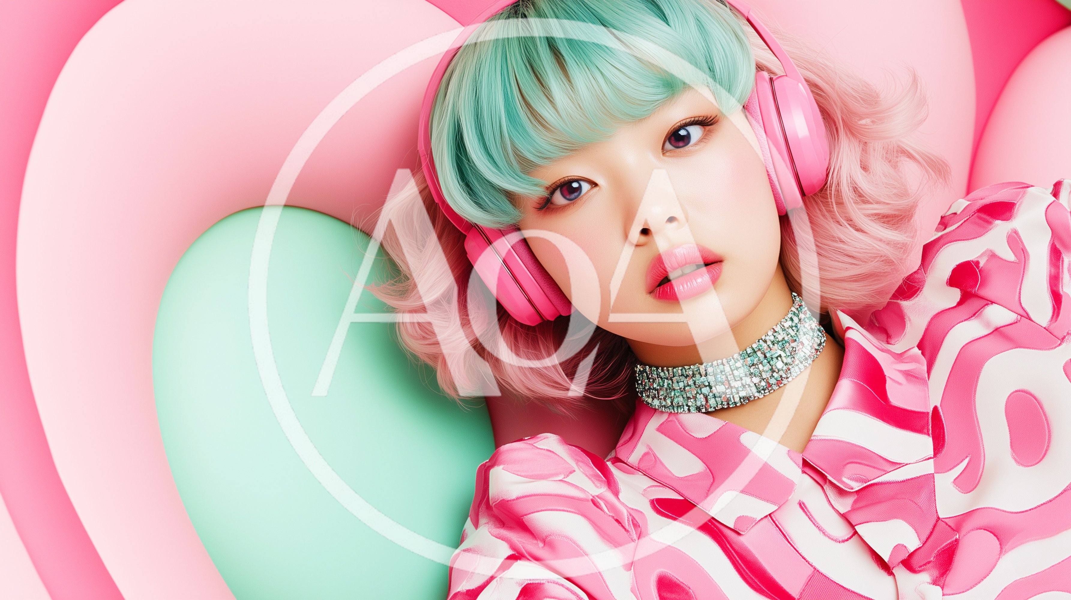 Young Woman With Pastel Hair Wearing Pink Headphones