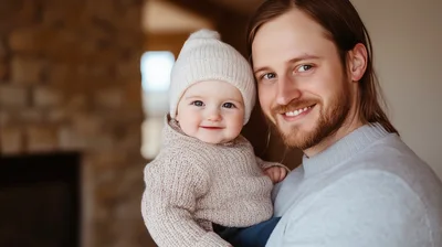 Father Holding His Smiling Baby Daughter Indoors