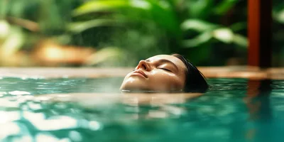 Woman Relaxing In A Steamy Tropical Hot Spring