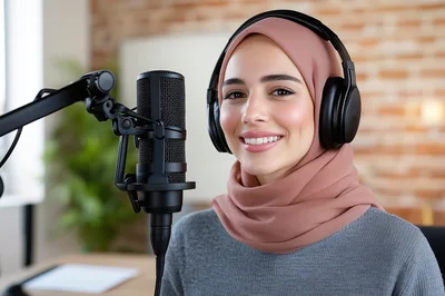 Young Woman Wearing Hijab Recording Podcast in Studio
