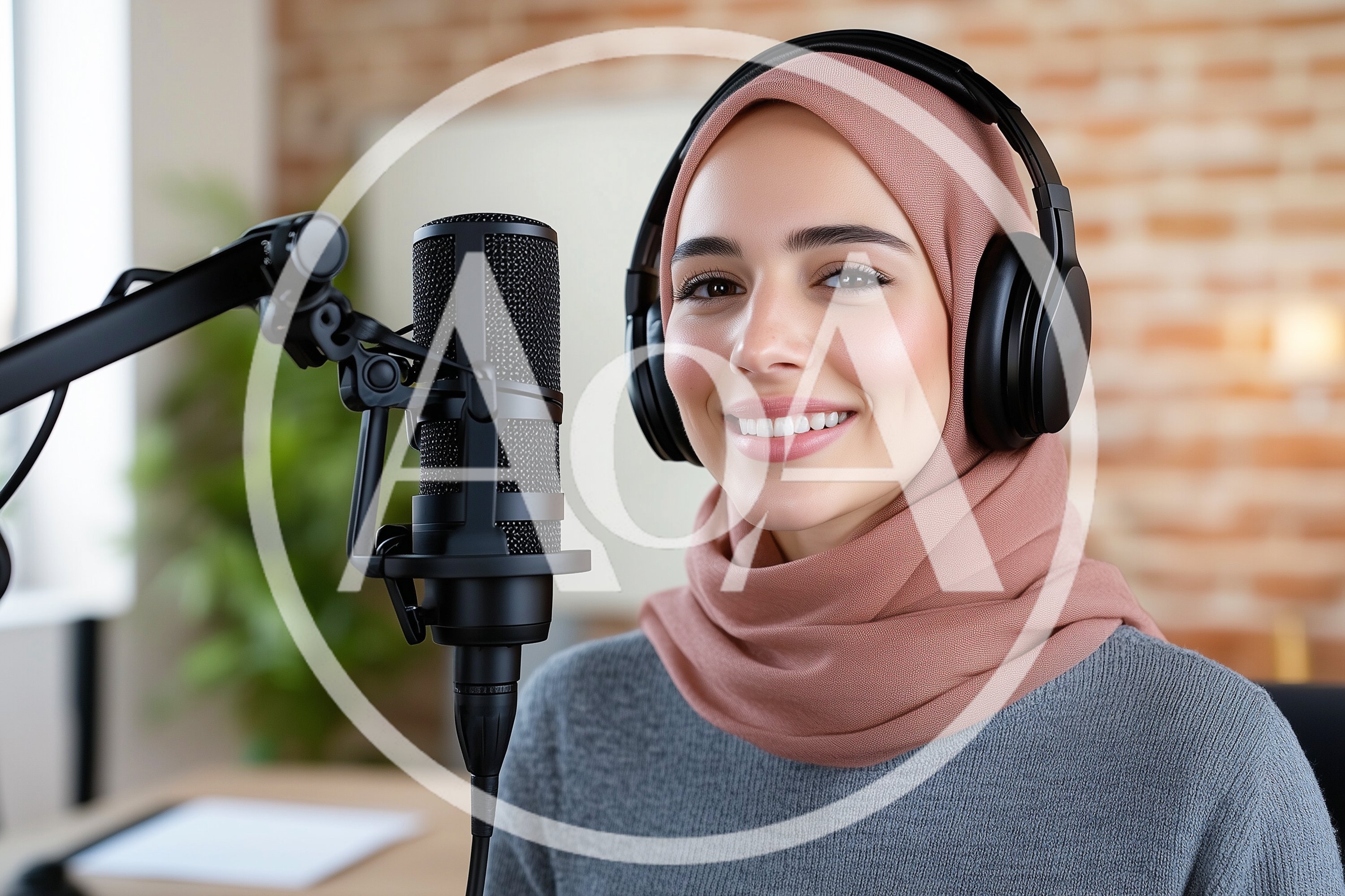 Young Woman Wearing Hijab Recording Podcast in Studio