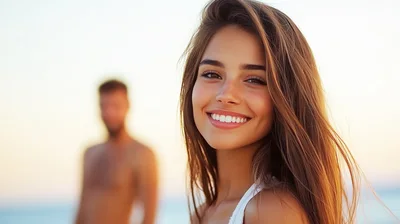 Smiling Young Woman With Blurred Man In Background