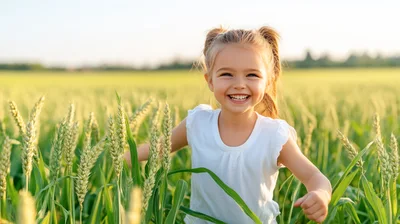 Happy Little Girl Running Through A Wheat Field