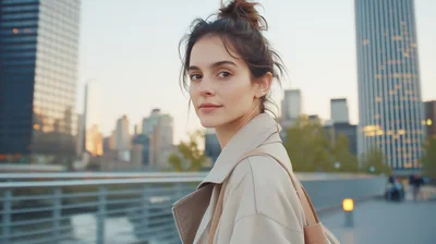 Young Woman Looking Back Over Shoulder in City