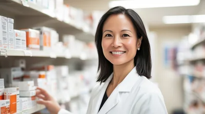 Smiling Female Pharmacist Organizing Medication on Pharmacy Shelves