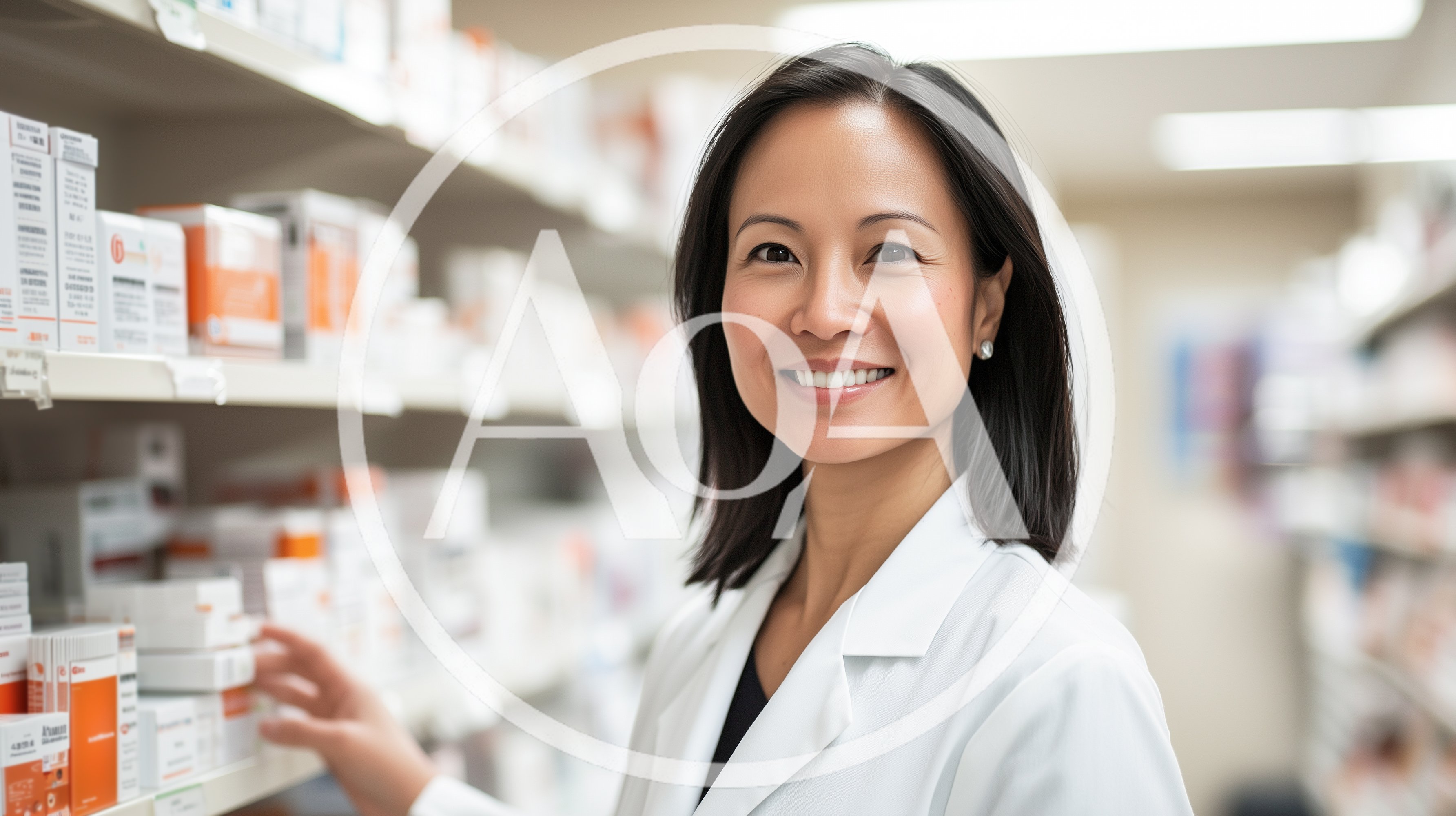 Smiling Female Pharmacist Organizing Medication on Pharmacy Shelves