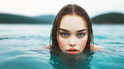 Young Woman With Blue Eyes Swimming In Calm Water