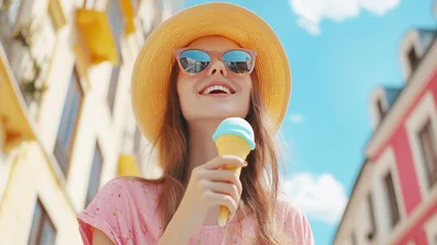 Young Woman Enjoying Ice Cream In A Sunny City