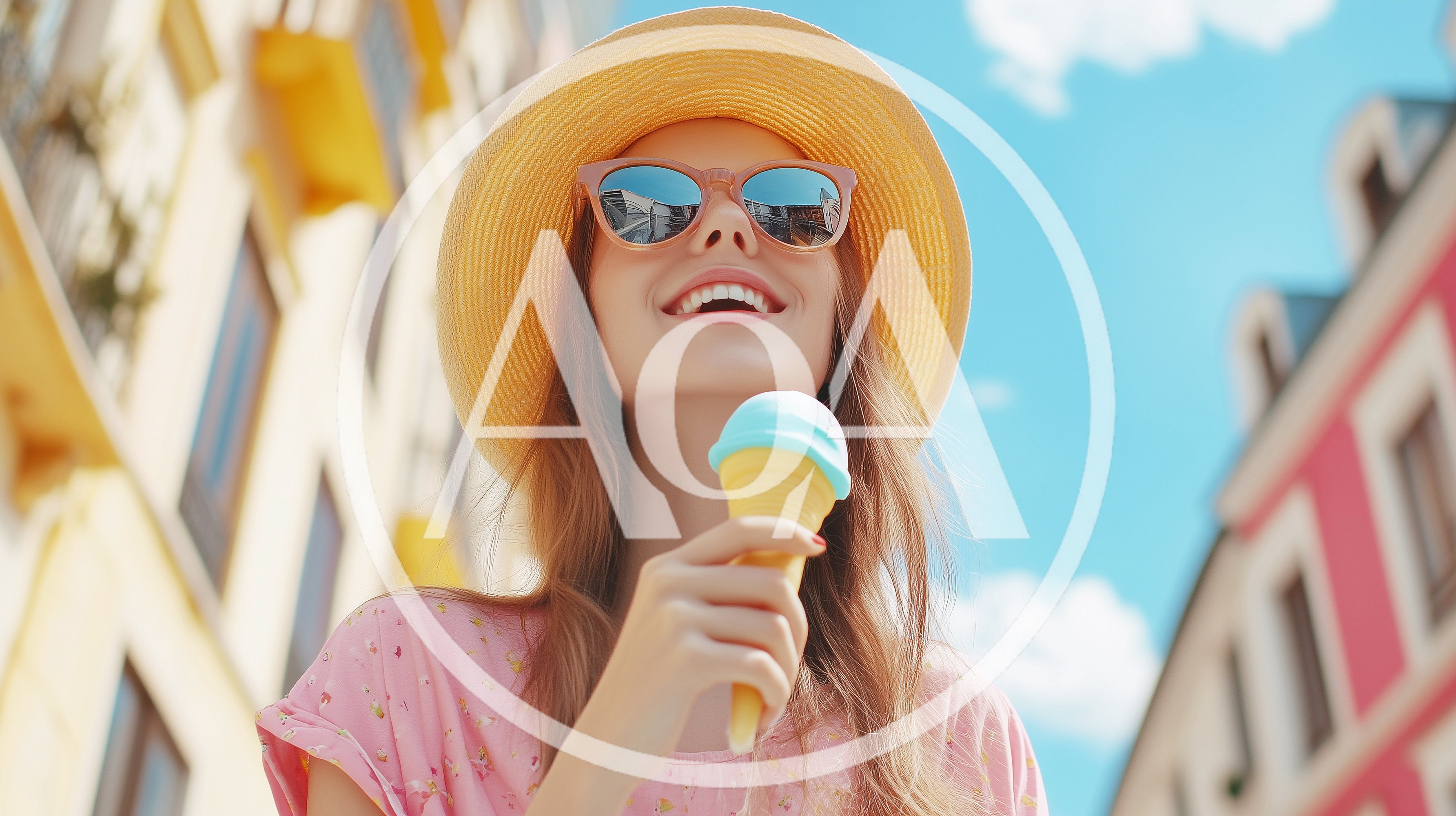 Young Woman Enjoying Ice Cream In A Sunny City
