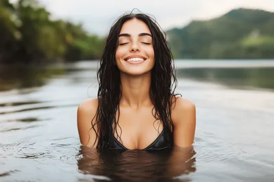 Young Woman Smiling With Eyes Closed In Tropical Water
