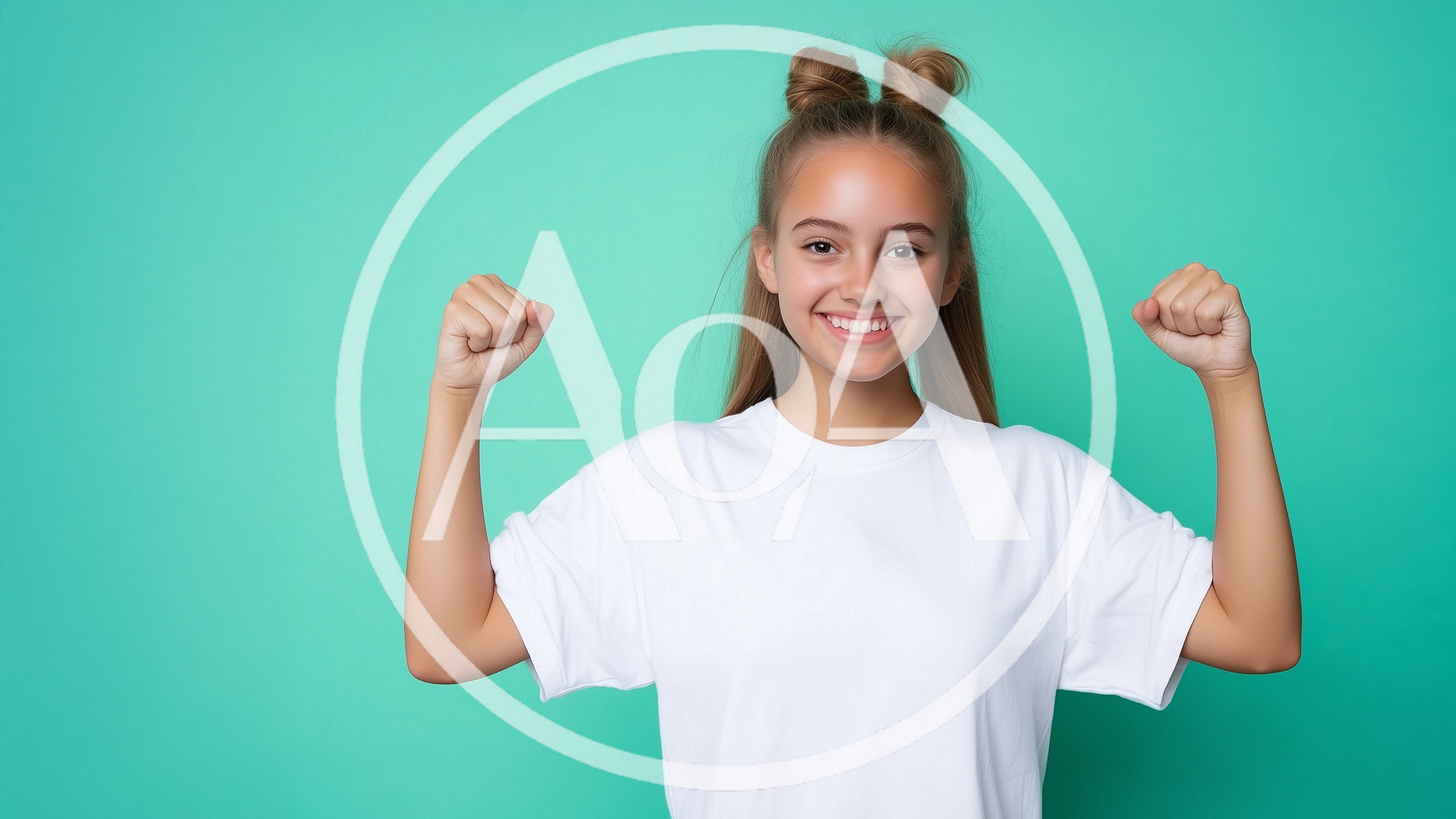 Happy Young Woman Flexing Muscles Against Teal Background