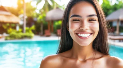Smiling Young Woman Relaxing By A Tropical Resort Pool
