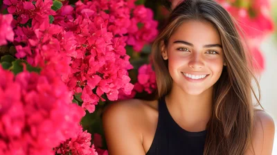 Smiling Young Woman Posing Beside Vibrant Pink Bougainvillea Flowers