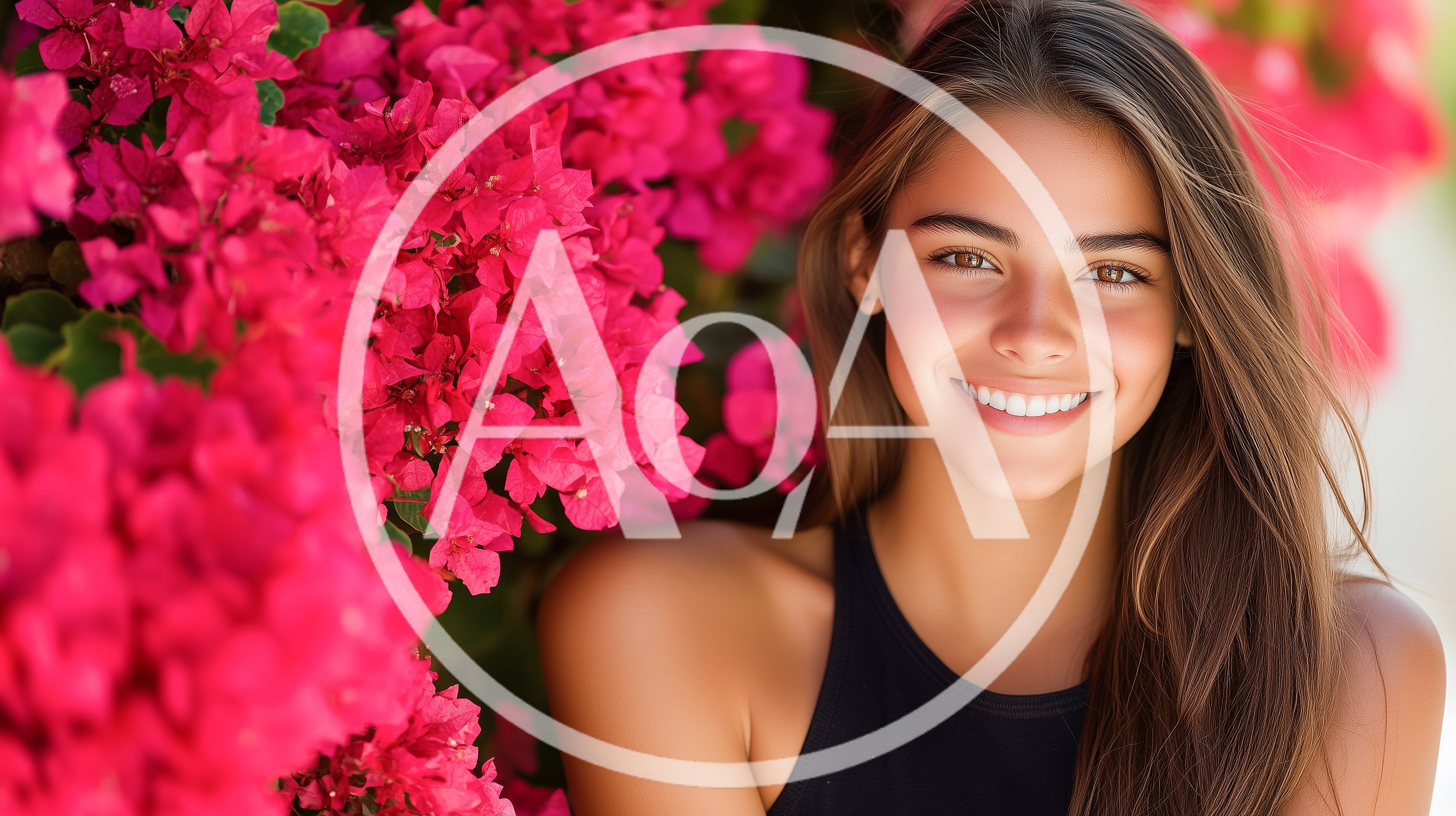 Smiling Young Woman Posing Beside Vibrant Pink Bougainvillea Flowers