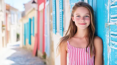 Portrait Of A Young Girl Leaning Against A Blue Wall