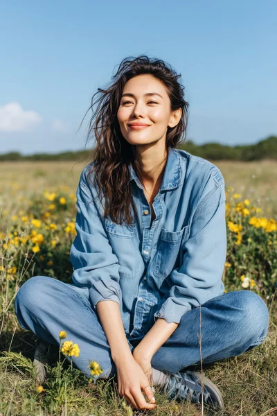 Young Woman Sitting In A Sunny Wildflower Meadow
