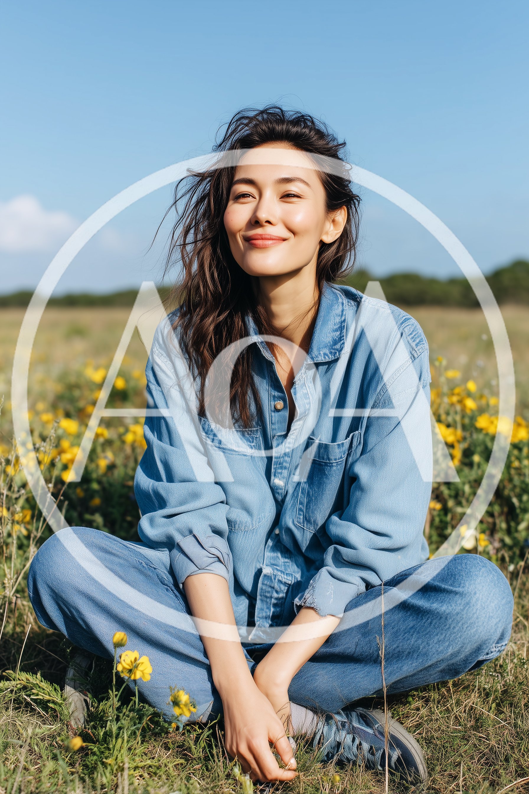Young Woman Sitting In A Sunny Wildflower Meadow