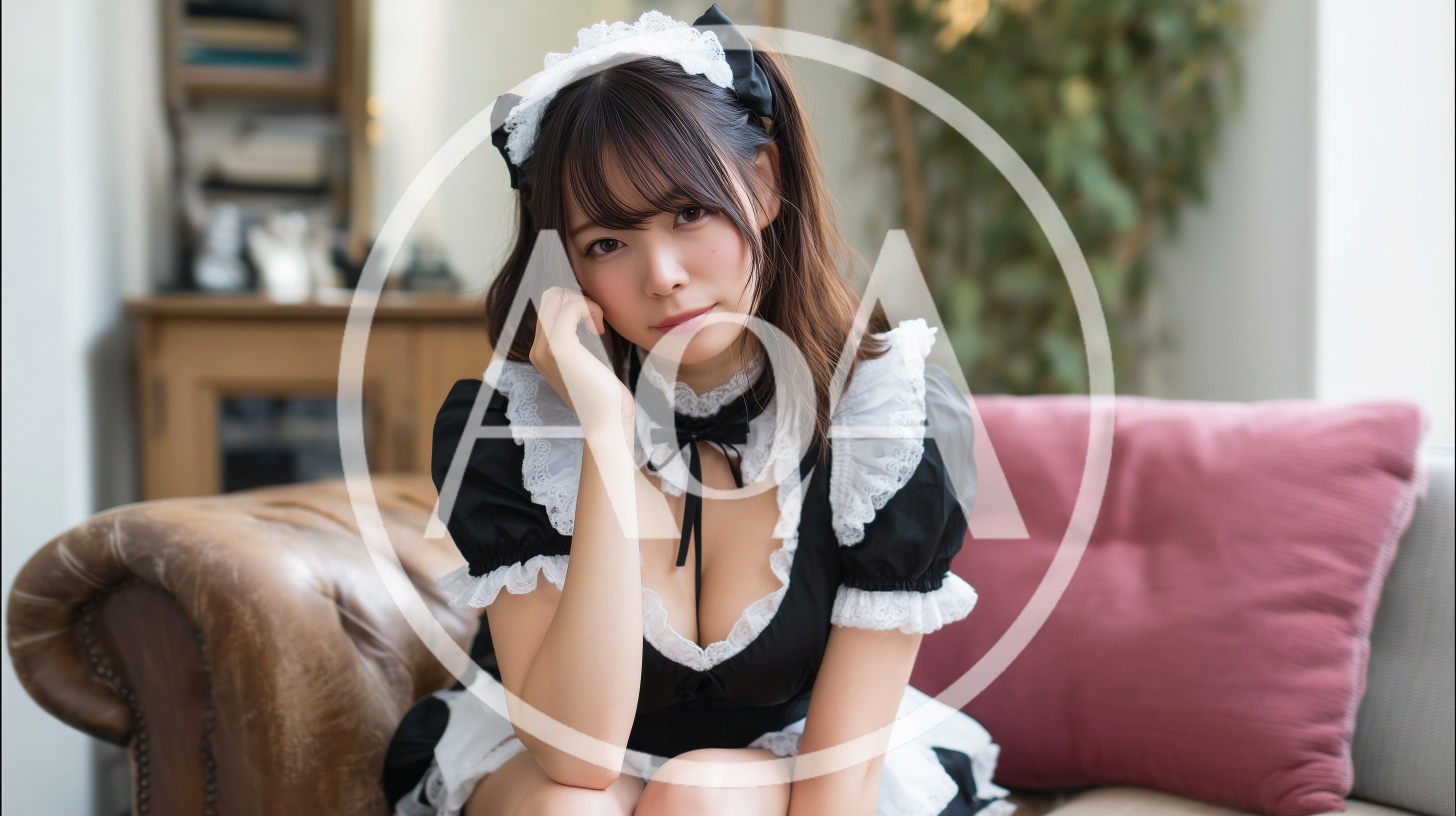 Young Woman Wearing Maid Costume Sitting On Sofa