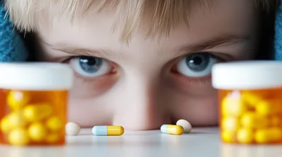 Child Looking At Prescription Medication Bottles