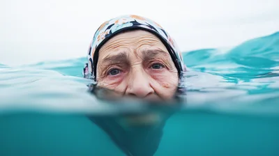 Elderly Woman Swimming In The Ocean