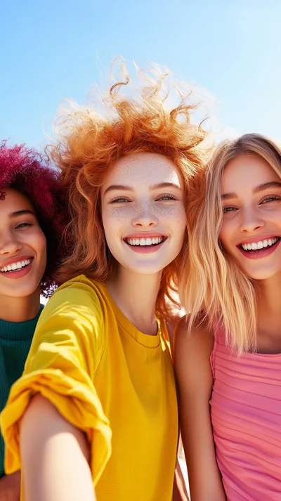 Three Diverse Young Women Taking A Selfie Outdoors