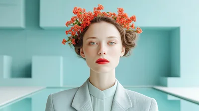 Portrait Of A Woman With Red Flowers In Hair