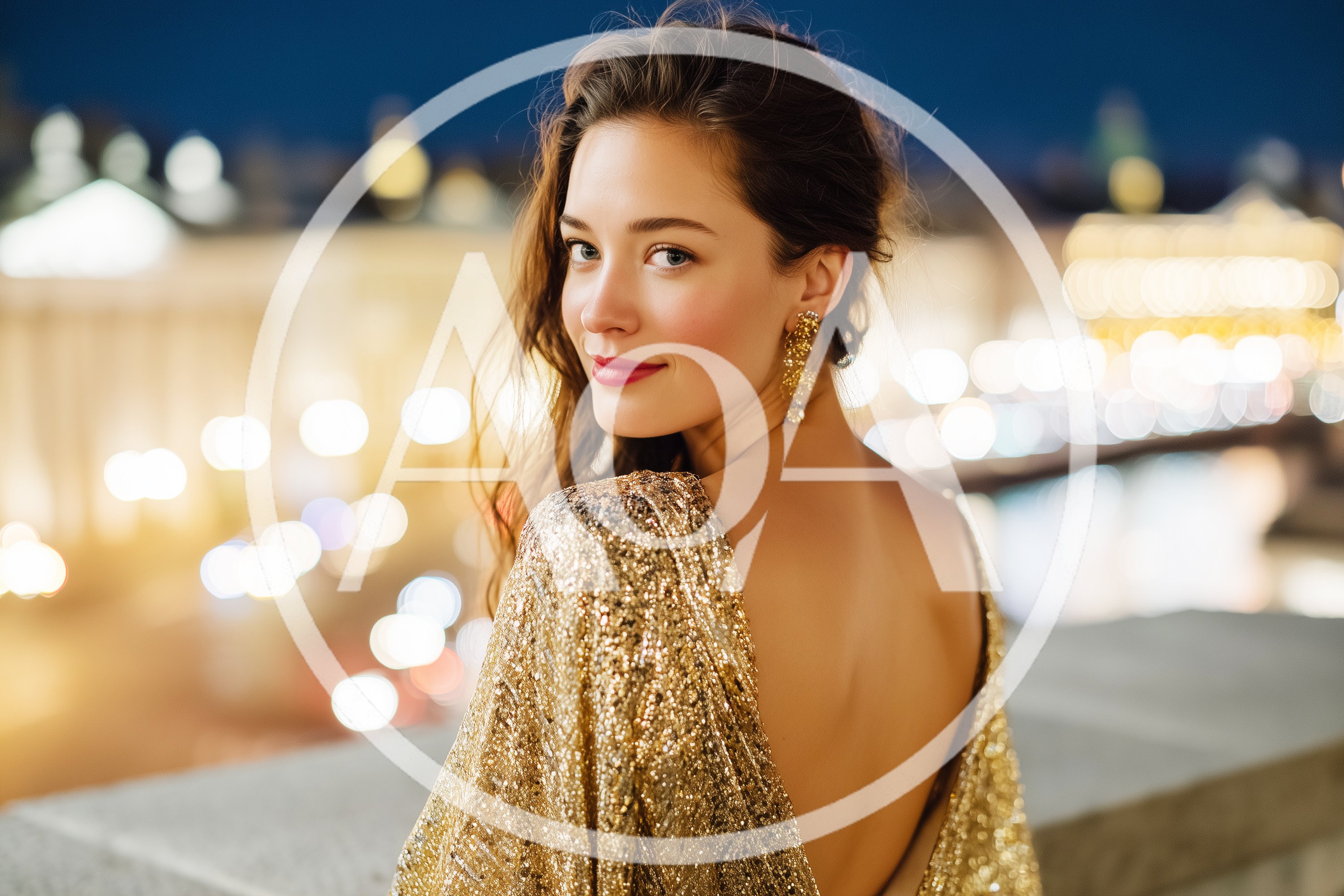 Elegant Woman In Gold Sequin Dress At Night