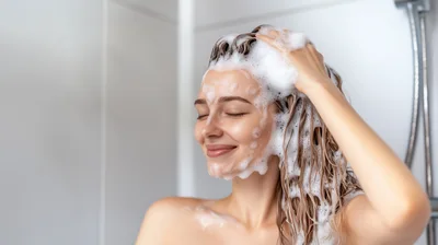 Young Woman Washing Hair With Shampoo In Shower