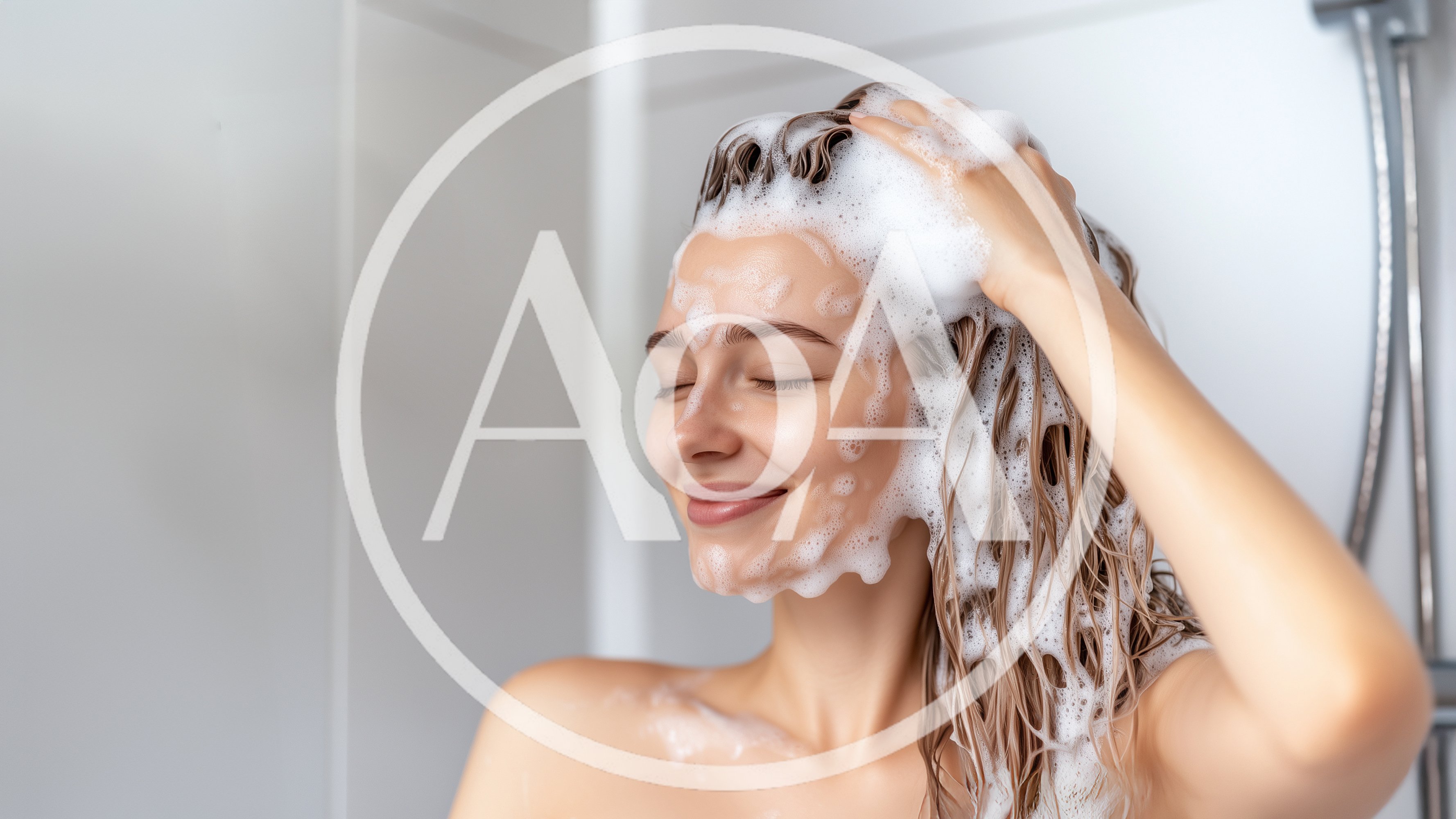 Young Woman Washing Hair With Shampoo In Shower