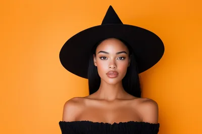 Portrait Of A Beautiful Woman Wearing A Witch Hat