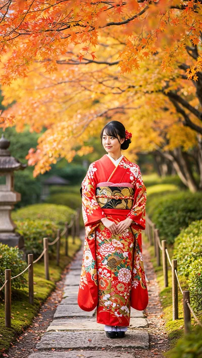 Young Japanese Woman in Traditional Red Kimono
