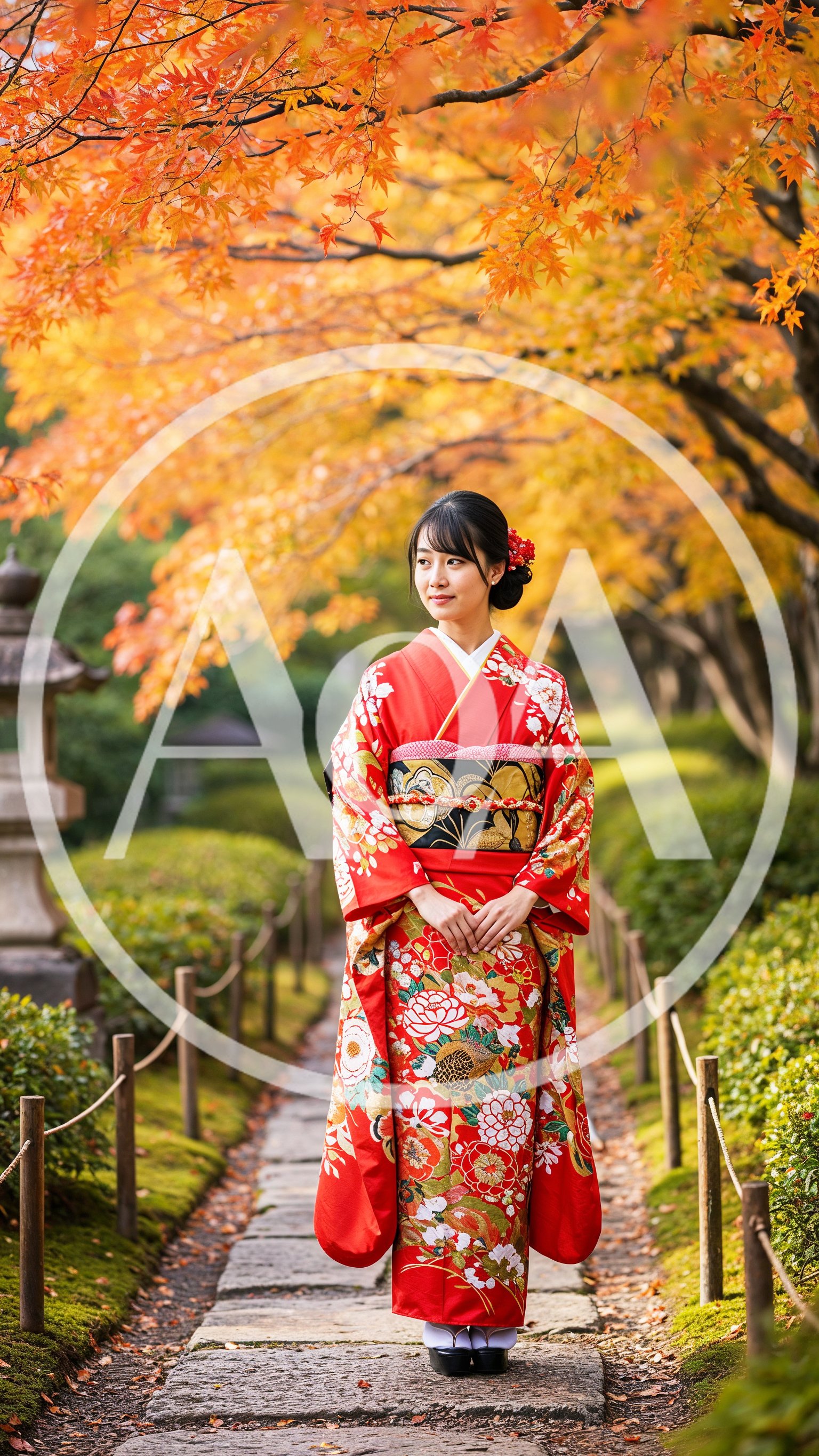 Young Japanese Woman in Traditional Red Kimono