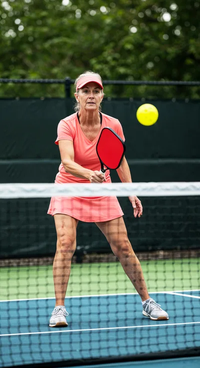 Mature Woman Playing Pickleball on Outdoor Court